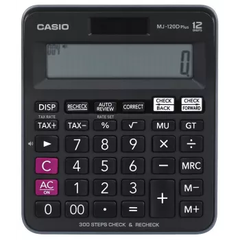 Calculadora de secretária CASIO MJ-120D PLUS — simples 12 dígitos, pilha/solar, 35 teclas, imposto e raiz quadrada, preto