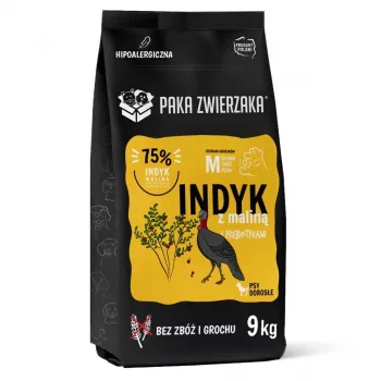 Comida seca PAKA ZWIERZAKA Peru com Framboesa M — 9 kg, raças grandes adultas, 28 % proteína, 15 % gordura