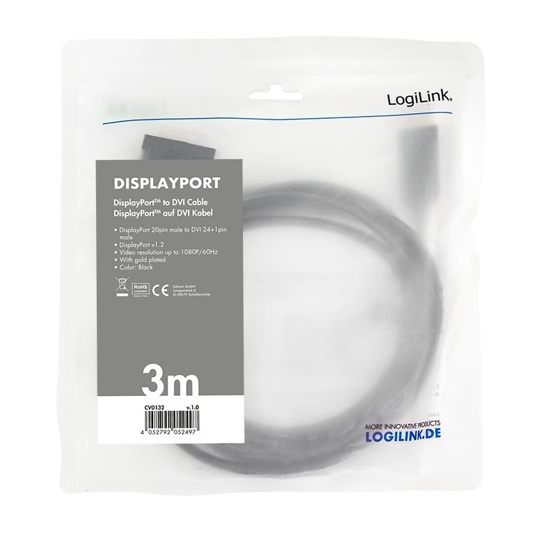 Adaptador de cabo de vídeo LogiLink CV0132 DisplayPort para DVI 3m preto