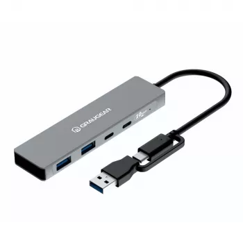 Hub USB GrauGear G-HUB2C2A-10G — 4 portas USB 3.2 Gen 1 (2x Type-C, 2x Type-A), 10 Gbit/s, 100 W, alumínio, cinzento
