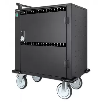 Carrinho de carregamento/trolley Manhattan 32 vias via USB-C para iPad até 13 polegadas, MacBook Air até 13 polegadas e Chromebook até 14 polegadas, também outros tablets/smartphones (com cabo dispositivo-para-USB-C), compartimentos 330x22x235 mm, cabo de carregamento do dispositivo não incluído (recomendado cabo USB-C 35