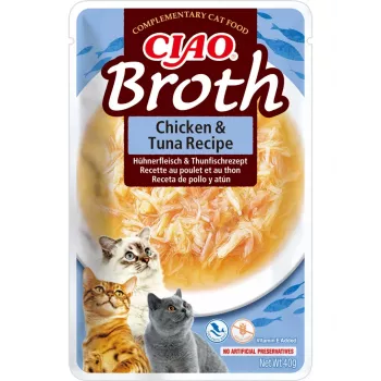 Snack húmido para gatos INABA Ciao caldo de frango e atum 40 g — snack líquido carnudo em saqueta, proteína 9,4 %, humidade 88 %