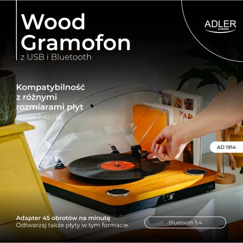 Adler AD 1914e gira-discos com USB, Bluetooth, 33 1/3 e 45 rpm, cápsula cerâmica, altifalantes integrados de 2x0,8 W, saída RCA