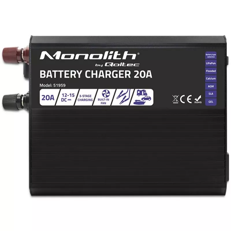 Carregador QOLTEC Monolith 20 A 12 V para baterias LiFePO4, AGM, GEL, SLA
