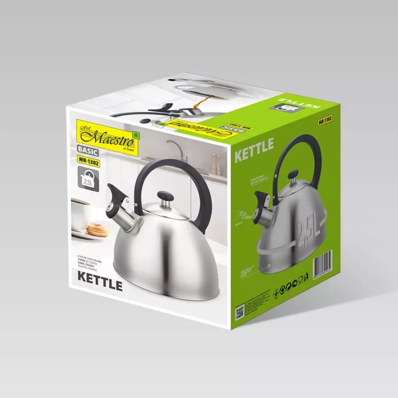 Chaleira Maestro MR1302 aço inoxidável 2,5 L, adequada para indução, apito com tampa articulada, pega preta