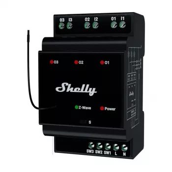 Relé inteligente para calha DIN Shelly WavePro3 3 canais Z-Wave, 110–240 V, 25 A por canal, AES-128, montagem DIN