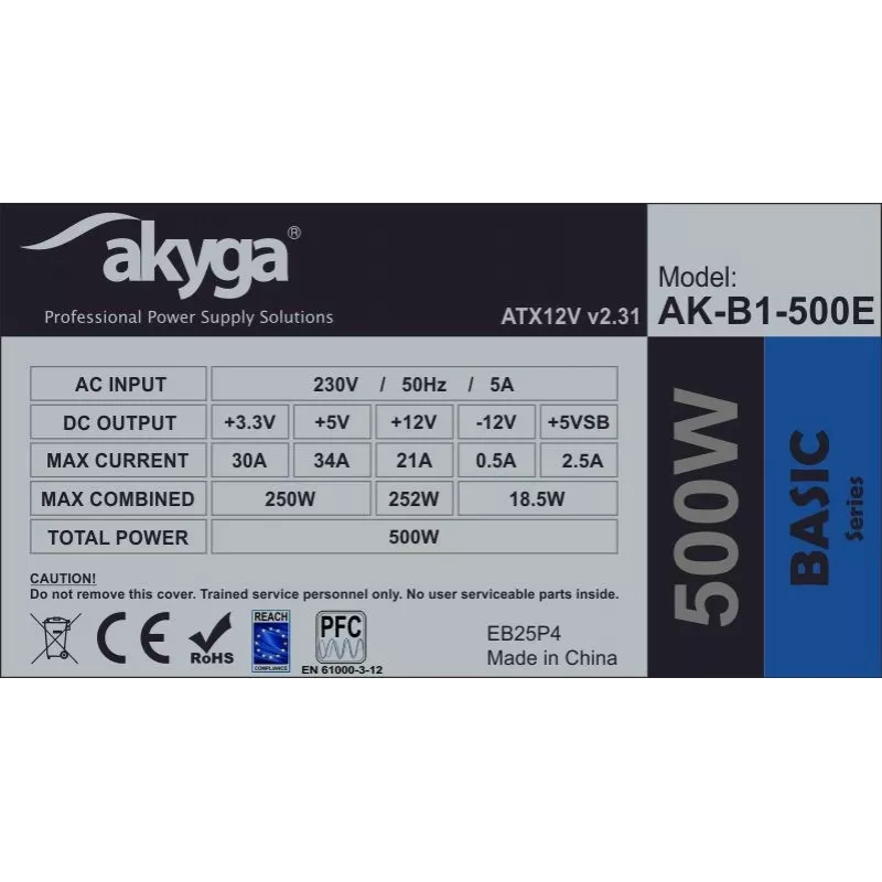 Fonte de alimentação ATX Akyga AK-B1-500E Basic 500 W, PFC passivo, ventoinha de 120 mm, cinzento