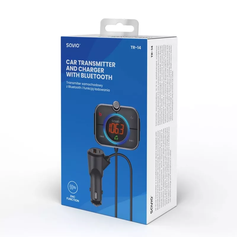 Transmissor FM SAVIO TR-14 Bluetooth USB, FM 87,6–107,9 MHz, MicroSD, USB-C, alimentação 12 V automóvel