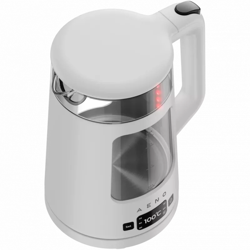 Chaleira elétrica AENO EK6: 1850-2200W, 2L, Strix, forma quadrada, tampa transparente, vidro altamente resistente, iluminação LED, desligamento automático, proteção contra funcionamento a seco