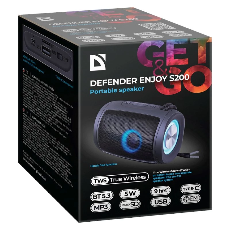 DEFENDER Enjoy S200 65200 coluna Bluetooth portátil, TWS, 5 W, luz LED, FM, microSD, bateria de 10 h, preta