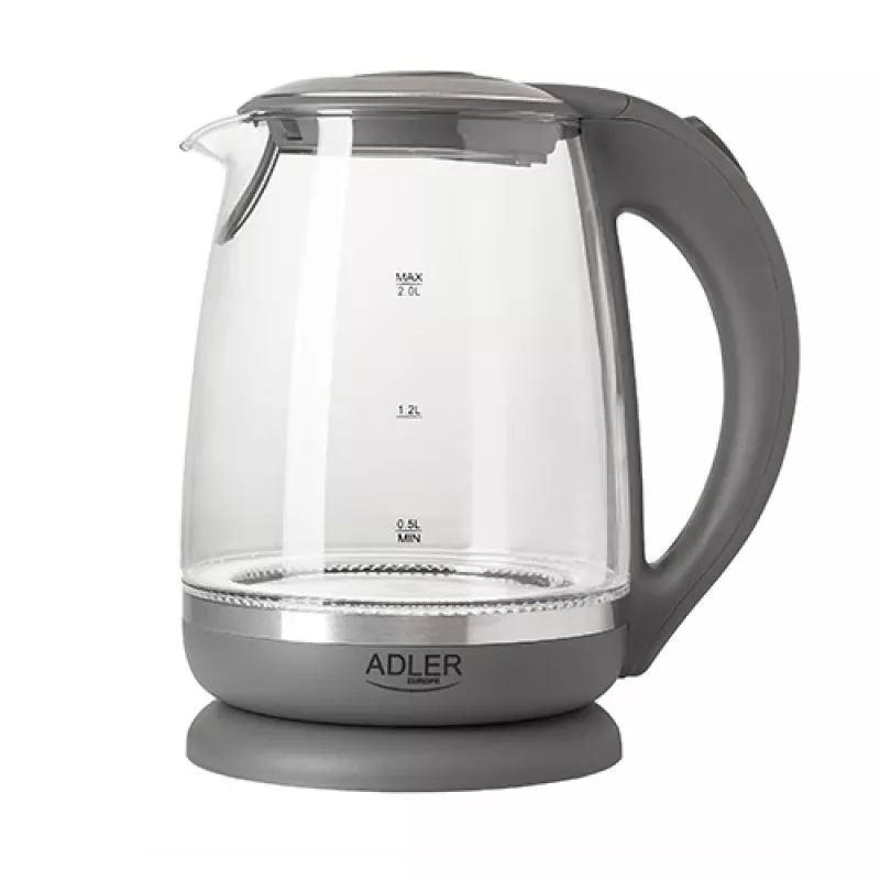 Adler | Chaleira | AD 1286 | Standard | 2200 W | 2 L | Plástico/Vidro | Base rotativa 360° | Cinzento/Transparente