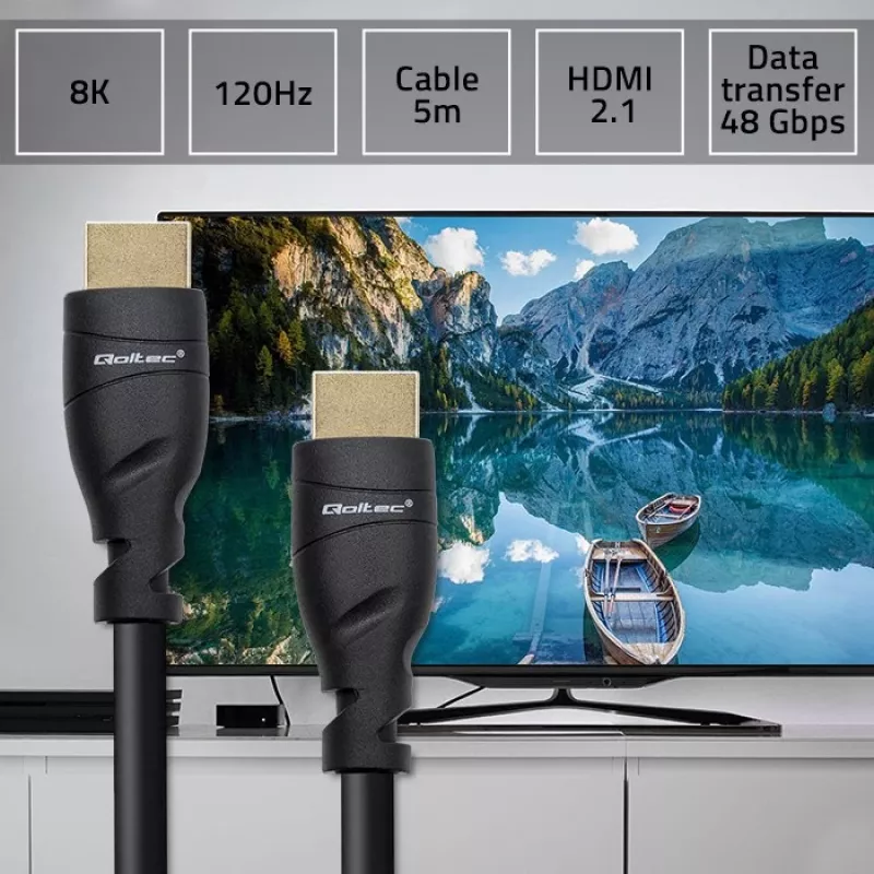 Cabo HDMI 2.1 QOLTEC 5 m — 48 Gbit/s, 8K@60Hz, 26AWG, fichas banhadas a ouro