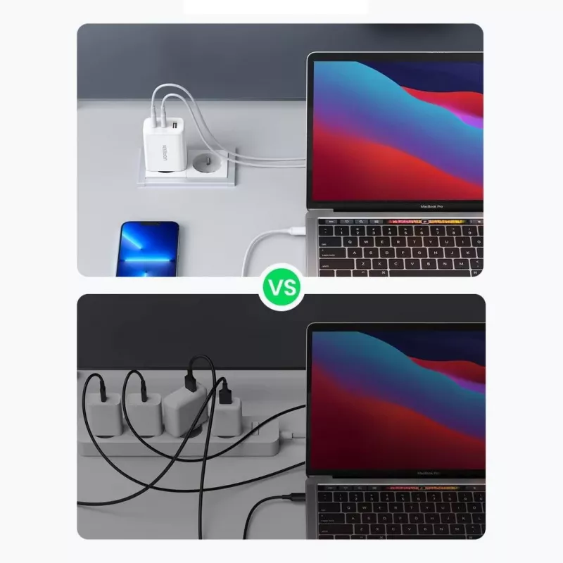 Carregador de parede UGREEN CD275 2× USB Type-C 65W Branco — Carregamento rápido Dual-USB-C 65W, entrada 100–240V