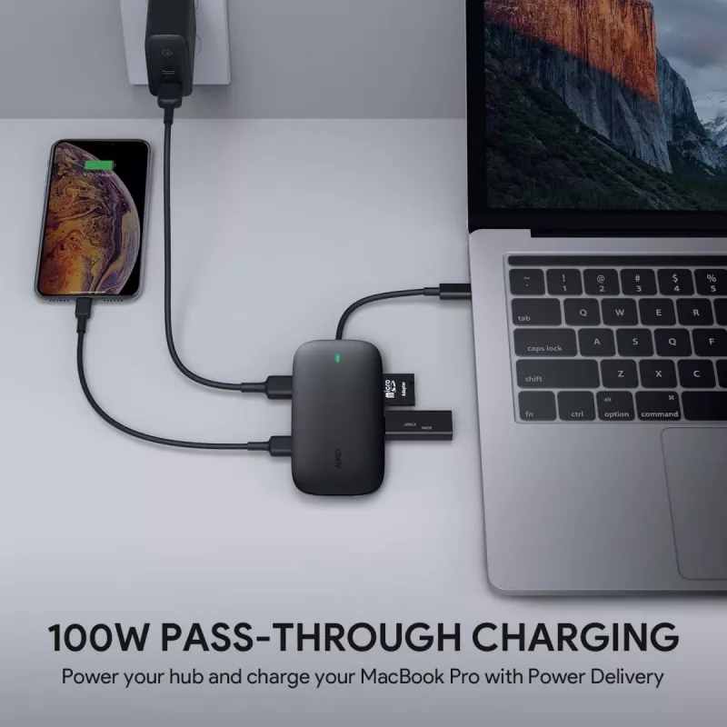 AUKEY CB-C71 hub USB-C 8 em 1, 3x USB-A 3.0, HDMI 4K@30Hz, Gigabit RJ45, SD/microSD, USB-C PD 100 W, cabo de 0,15 m, alumínio, preto
