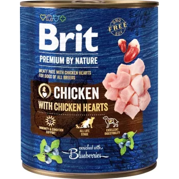 Comida húmida para cães Brit Premium by Nature Frango com Corações 800 g lata — para cães adultos, 78 % humidade, 8 % proteína, 6 % gordura