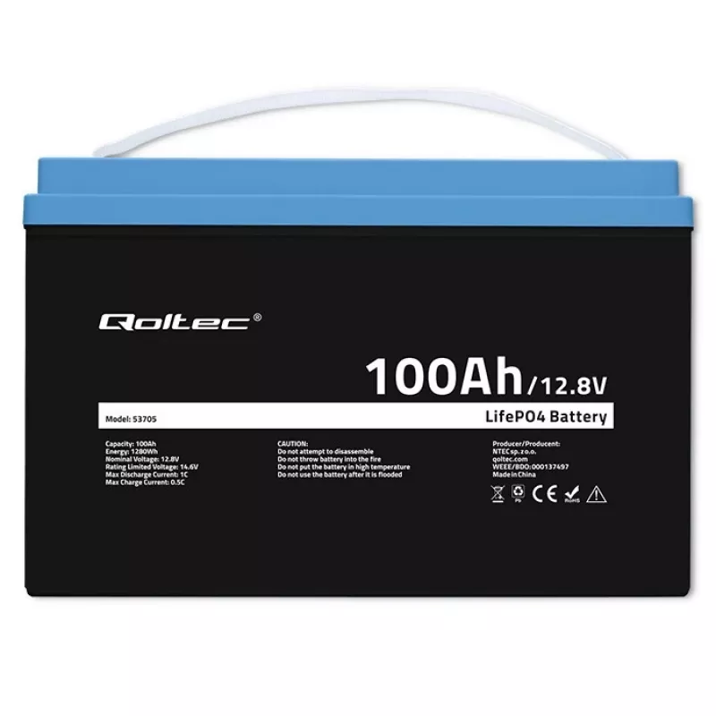 Bateria Qoltec 53705 de fosfato de ferro e lítio 100 Ah 12,8 V