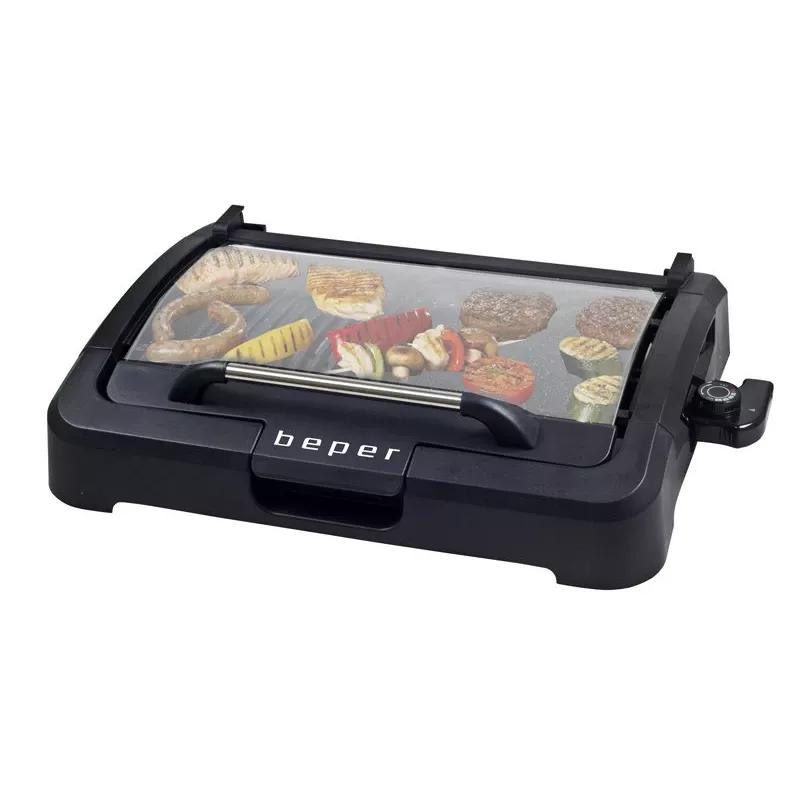Beper 90.871 grelhador elétrico, placa antiaderente de 39 x 29 cm, tampa de vidro, 2200 W, preto