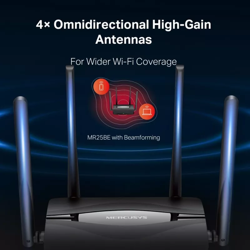 Router de mesa MERCUSYS MR25BE EasyMesh Wi‑Fi 7 Dual‑Band 2,4/5 GHz, 3600 Mbit/s, 3× Gigabit-LAN, 4 antenas externas