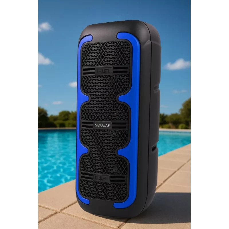 Altifalante estéreo portátil SQUEAK SQ1009 – Bluetooth 5.3, 45 W RMS, 10 h de autonomia, FM, USB, AUX, LED, 1800 mAh, preto