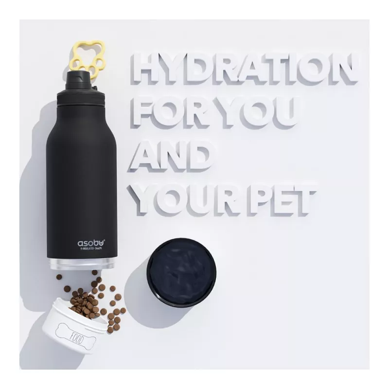 Asobu - Dog Bowl Buddy - garrafa de aço inoxidável com 2 tigelas preta