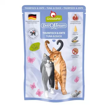 Comida húmida para gatos Fox4Pets DeliCATessen Atum e Pato 85 g saco, alimento completo sem cereais para gatos adultos