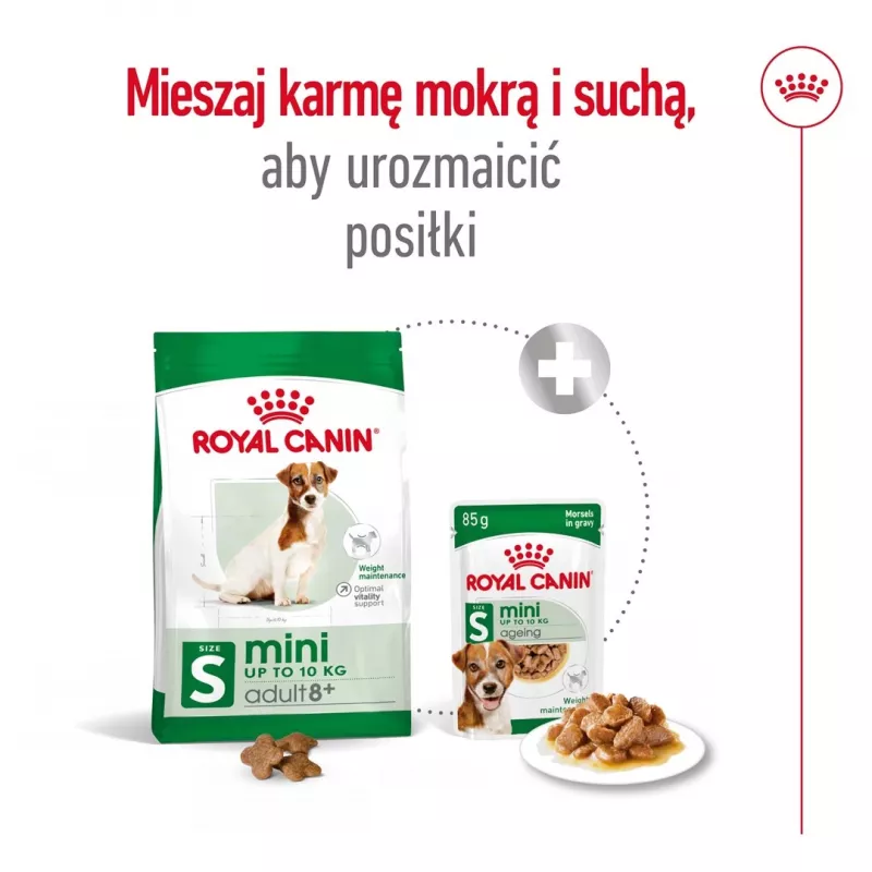 Comida seca para cães Royal Canin Mini Adult 8+ 2 kg — raças pequenas 5–10 kg, aves, fórmula de controlo de peso