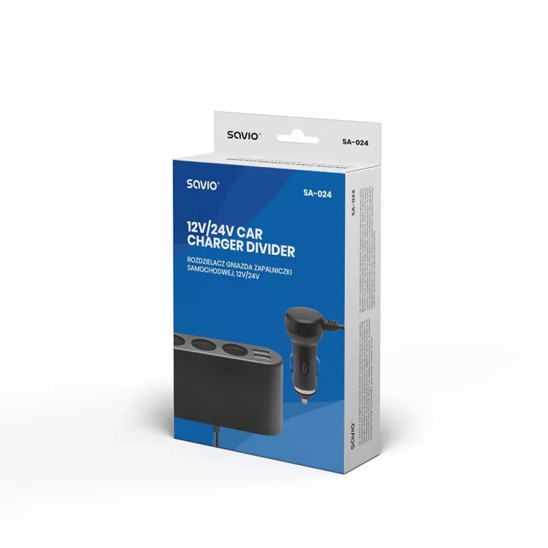 Carregador USB para automóvel SAVIO SA-024 — carregador universal para dispositivos móveis, entrada 12–24 V, saída 5 V, preto, isqueiro