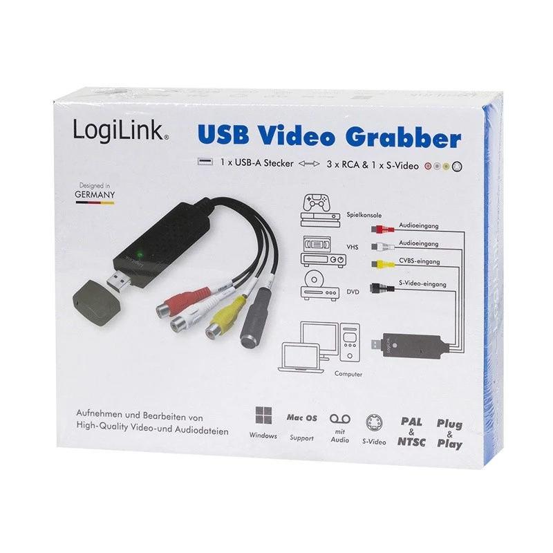 Placa de captura USB 2.0 A/V LogiLink. USB A macho para 3xCinch + MiniDIN5 fêmea. Preto