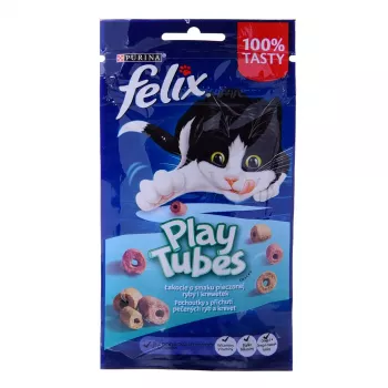 Snack seco para gatos Felix Play Tubes peixe e camarão 50 g — rolinhos snack para gatos adultos, 35 % proteína, 19,5 % gordura