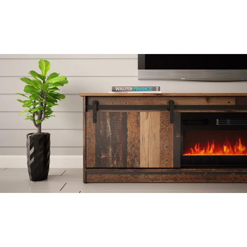 Móvel de TV Cama Meble GRANERO com móvel de lareira, 2000×567×350 mm, aglomerado/MDF, 2 portas de correr, mate, madeira envelhecida