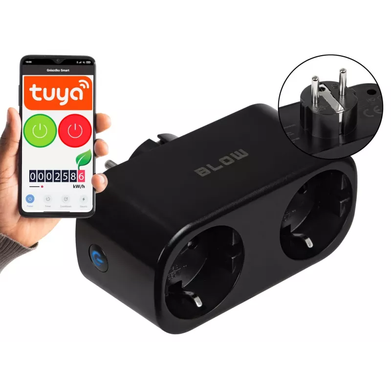 Tomada inteligente dupla controlada por Wi-Fi TUYA, preta