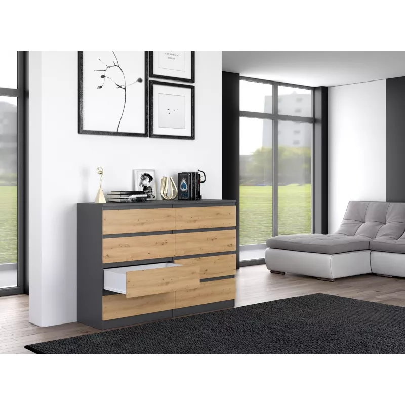 Cómoda Top e shop M8 140 ANT/ART — 8 gavetas, antracite/carvalho, 1380×400×970 mm, aglomerado