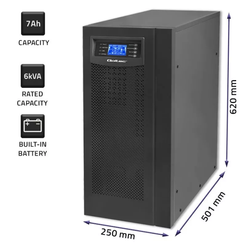 Qoltec 53982 UPS online de onda sinusoidal pura, 6 kVA / 4,8 kW, LCD, USB