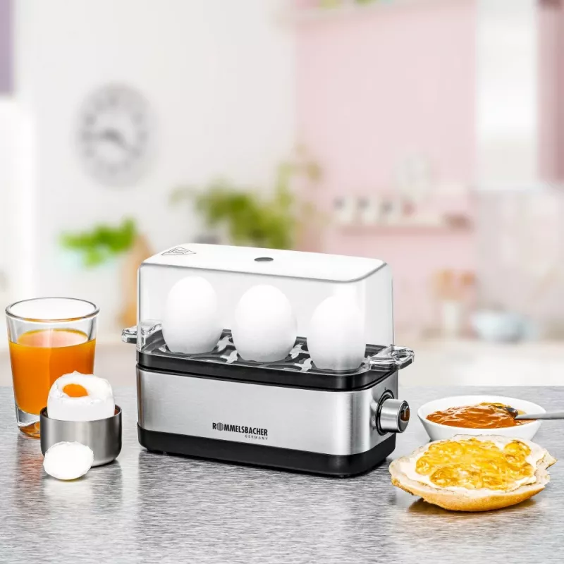 Cozedor de ovos Rommelsbacher ER 300 — 3 ovos aço inoxidável, 300 W, tampa transparente