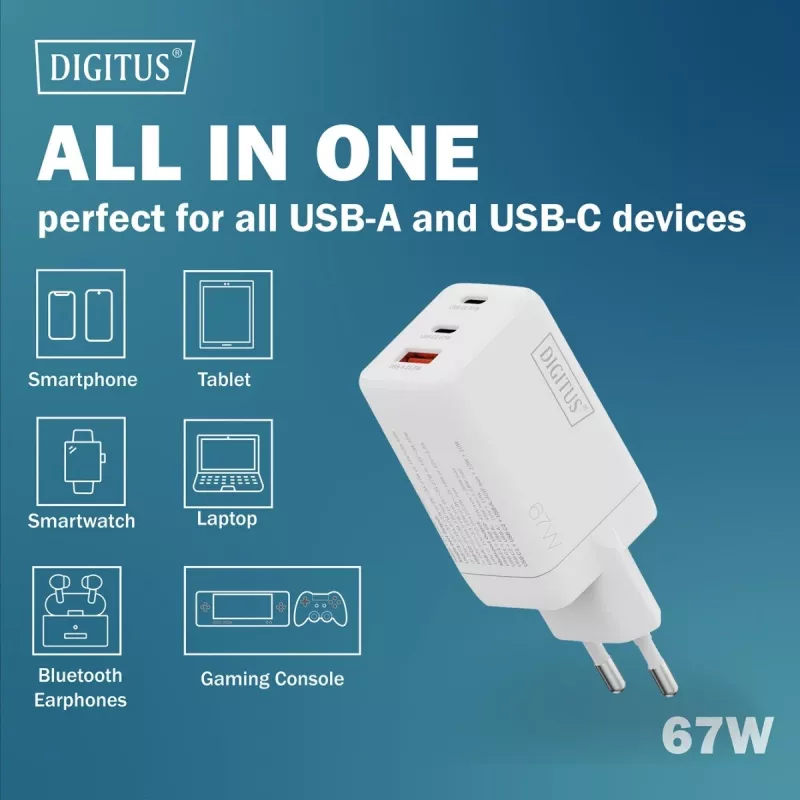 Carregador de parede DIGITUS DA-10303 67W GaN, 2× USB-C + 1× USB-A, 100–240V, branco