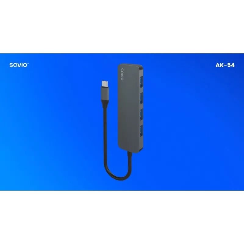 Hub USB SAVIO AK-54 — 4 x USB-A (USB 3.2 Gen 1), host USB-C, preto