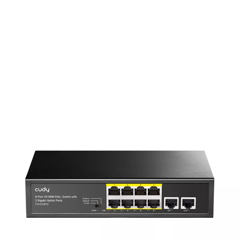 Switch de rede Cudy FS1010PG — 10/100 Mbps, 8 portas PoE, 2 Uplink, orçamento PoE 120W, caixa metálica
