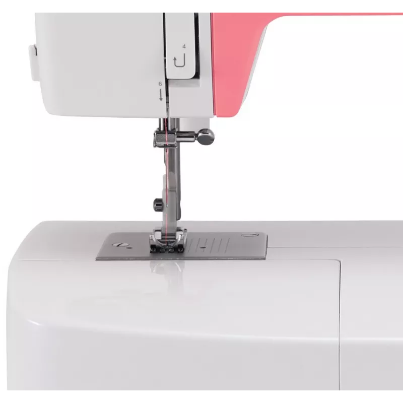Singer Simple 3210 máquina de costura automática, eletromecânica, 10 pontos, casa de botão em 4 passos, braço livre, 85 W, branca/rosa