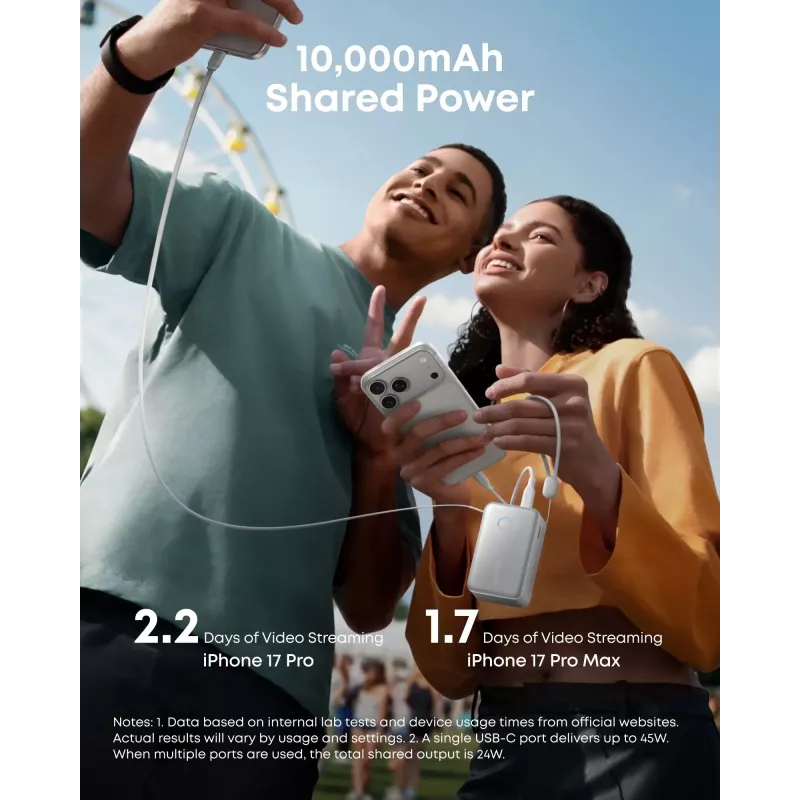 Powerbank Anker A1638 10000 mAh, 45 W de potência total de saída, branco, cabo USB-C retrátil integrado