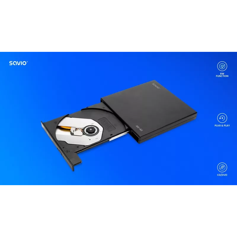 Unidade externa slim DVD±RW SAVIO AK-43, USB 2.0, preta, suporta leitura/gravação de CD/DVD (24x CD, 8x DVD)