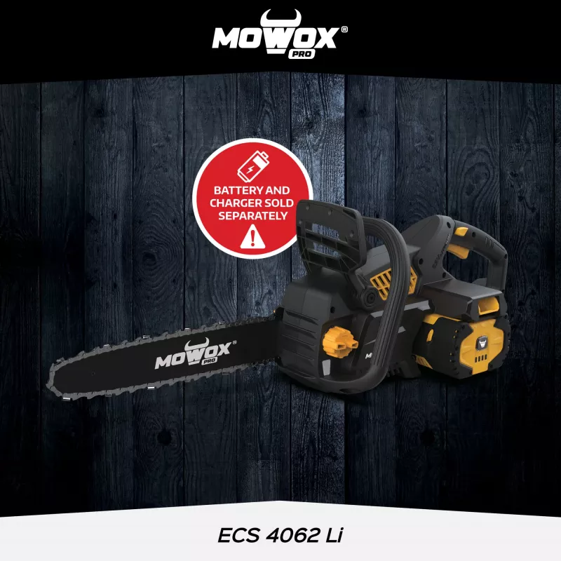 Motosserra com bateria MoWox ECS 4062 Li — 62 V iões de lítio, tensão da corrente sem ferramentas (apenas corpo, sem bateria/carregador)