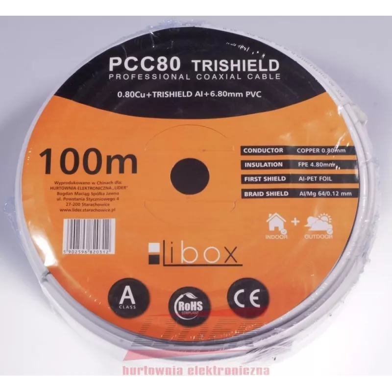 Cabo coaxial LIBOX PCC80 RG-6/U 100 m, bainha FEP, condutor de cobre 0,8 mm, blindagem de alumínio, branco