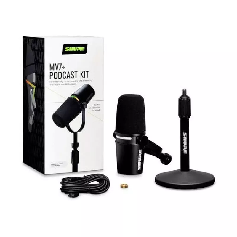 Shure MV7+-K-BNDL - microfone para discurso/canto com ligação XLR/USB-C, preto + tripé de mesa GATOR