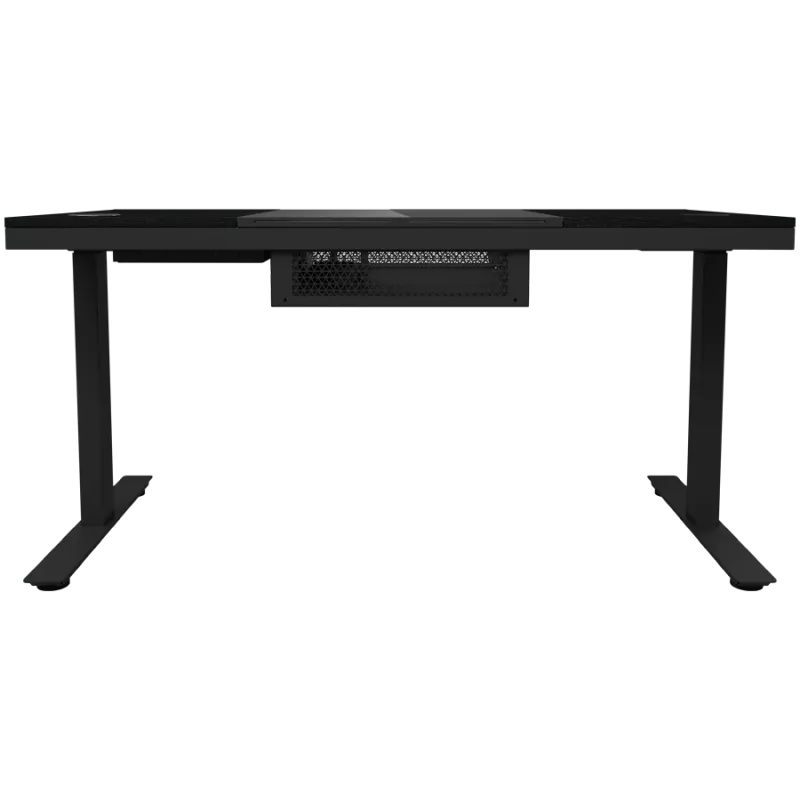 Secretária gaming de altura ajustável com motor duplo, função sentado/em pé, caixa de PC integrada, carregador sem fios, iluminação RGB, painel de controlo e portas USB, tampo em vidro temperado, preto.