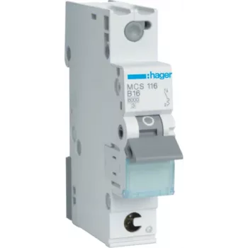 Hager MCS116. Corrente nominal: 16 A, frequência de entrada: 50/60, corrente nominal de saída: 16 A. Largura: 17,5 mm, profundidade: 70 mm, altura: 83,4 mm (MCS116)