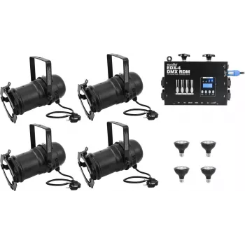 Eurolite Conjunto 4x PAR-30 Spot preto dim2warm + EDX-4 DMX RDM LED Dimmer Pack