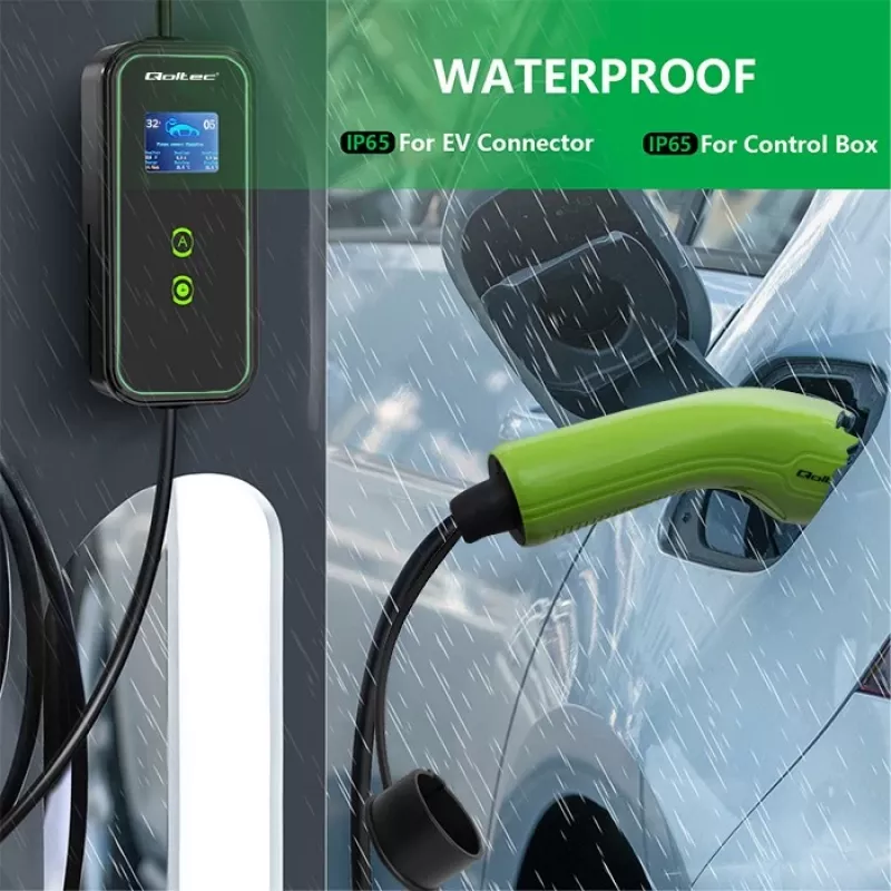 Carregador móvel para carro elétrico Qoltec ajustável 2em1 Type2 | 7kW | 230V | CEE 3 PIN | Wi-Fi | LCD | portátil | wallbox | 5m