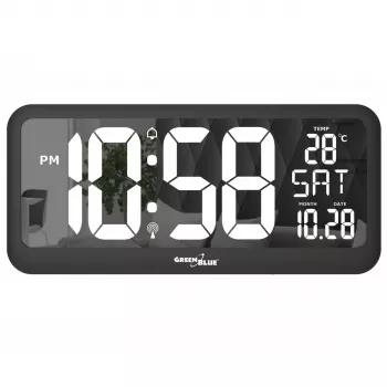 Relógio digital grande montagem na parede ou autónomo com sensor de temperatura 37x17cm ecrã LCD adaptador de rede e pilhas