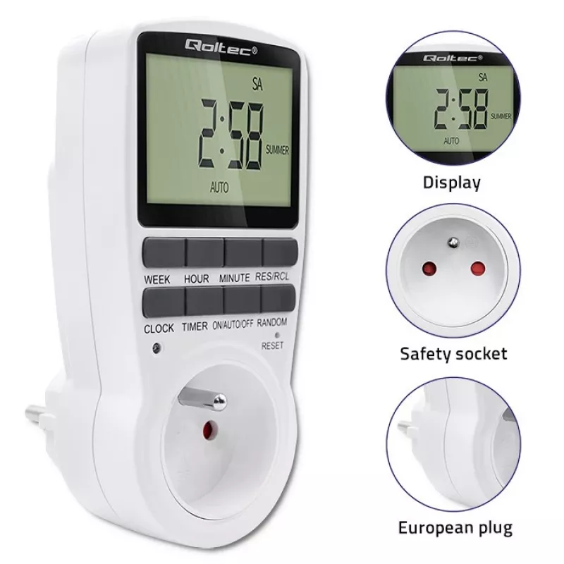 Temporizador eletrónico QOLTEC PC0628 com visor LCD, contagem decrescente de 24 horas