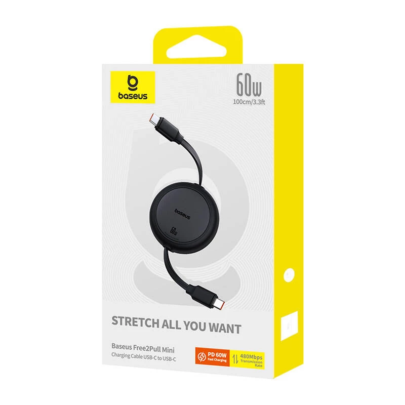 Baseus Free2Pull Mini Cabo USB-C para USB-C, 60 W, 1 m, (preto)